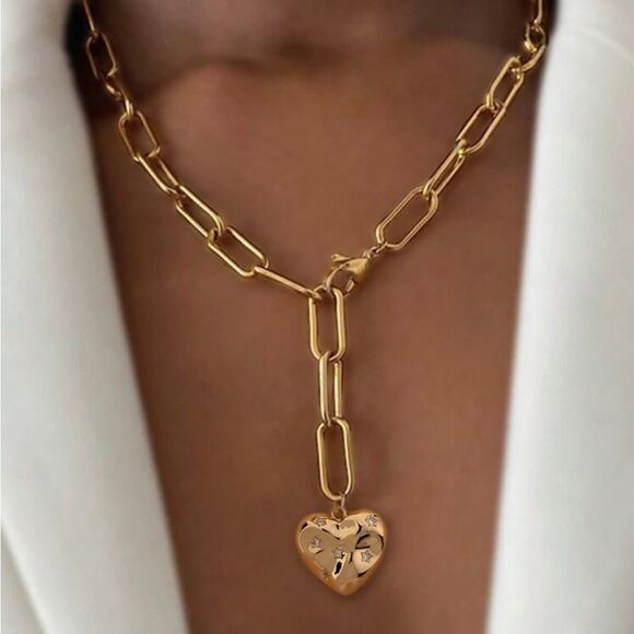 Gold Textured Rhinestone Heart Chain Lariat Necklace - Picture 1 of 3
